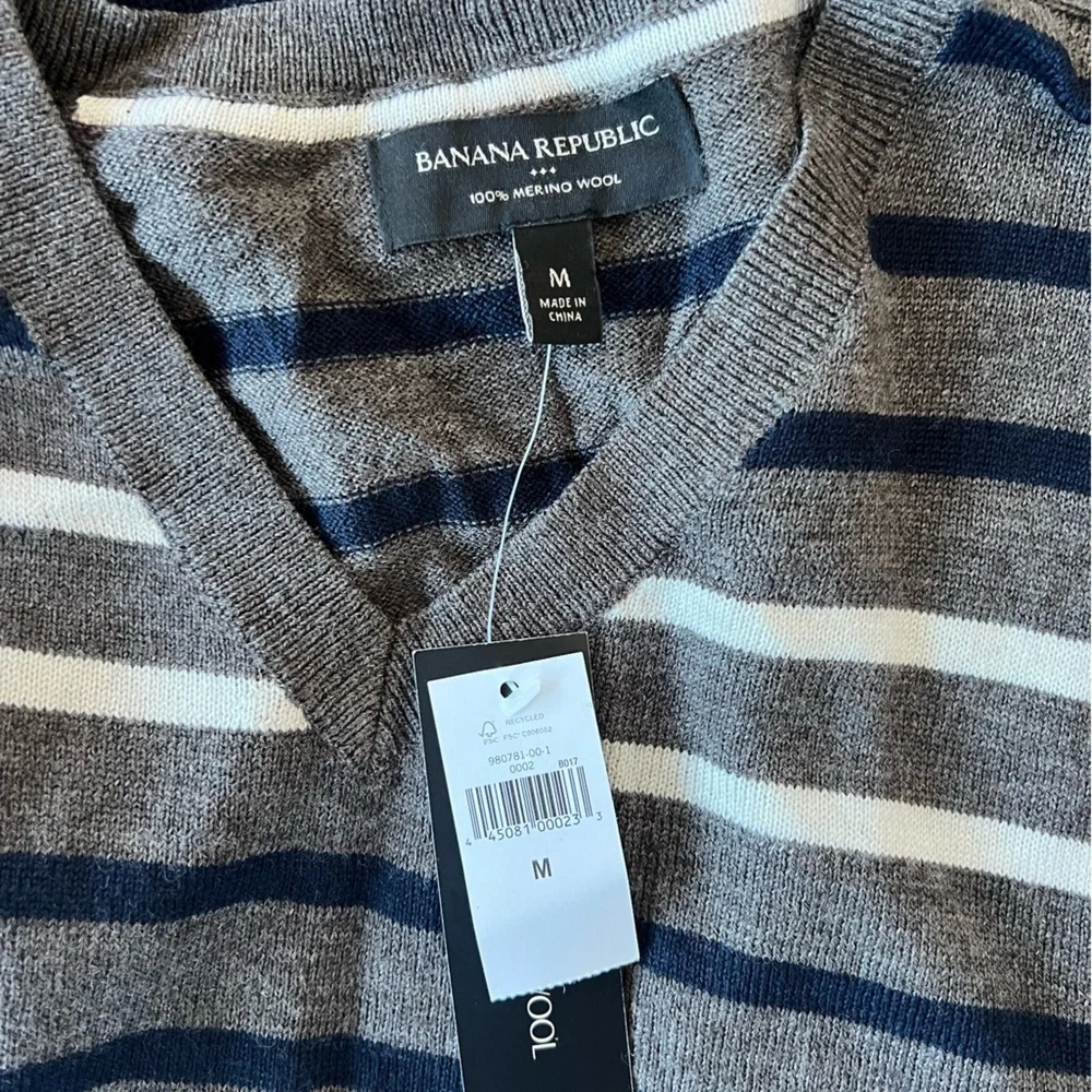 Banana Republic NWT Merino Wool Striped Pullover Sweater, Warm Gray + Navy, M